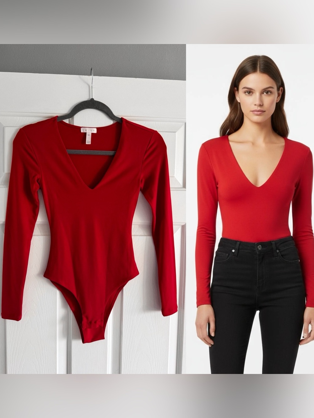 Leith Deep V Long-Sleeve Red Bodysuit - Women's Top